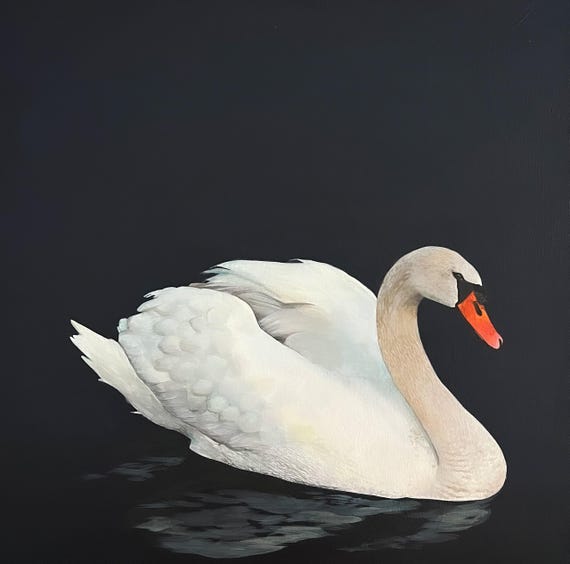 キャンバスに描かれたオリジナルの白鳥の絵画：ネイビーとホワイトの