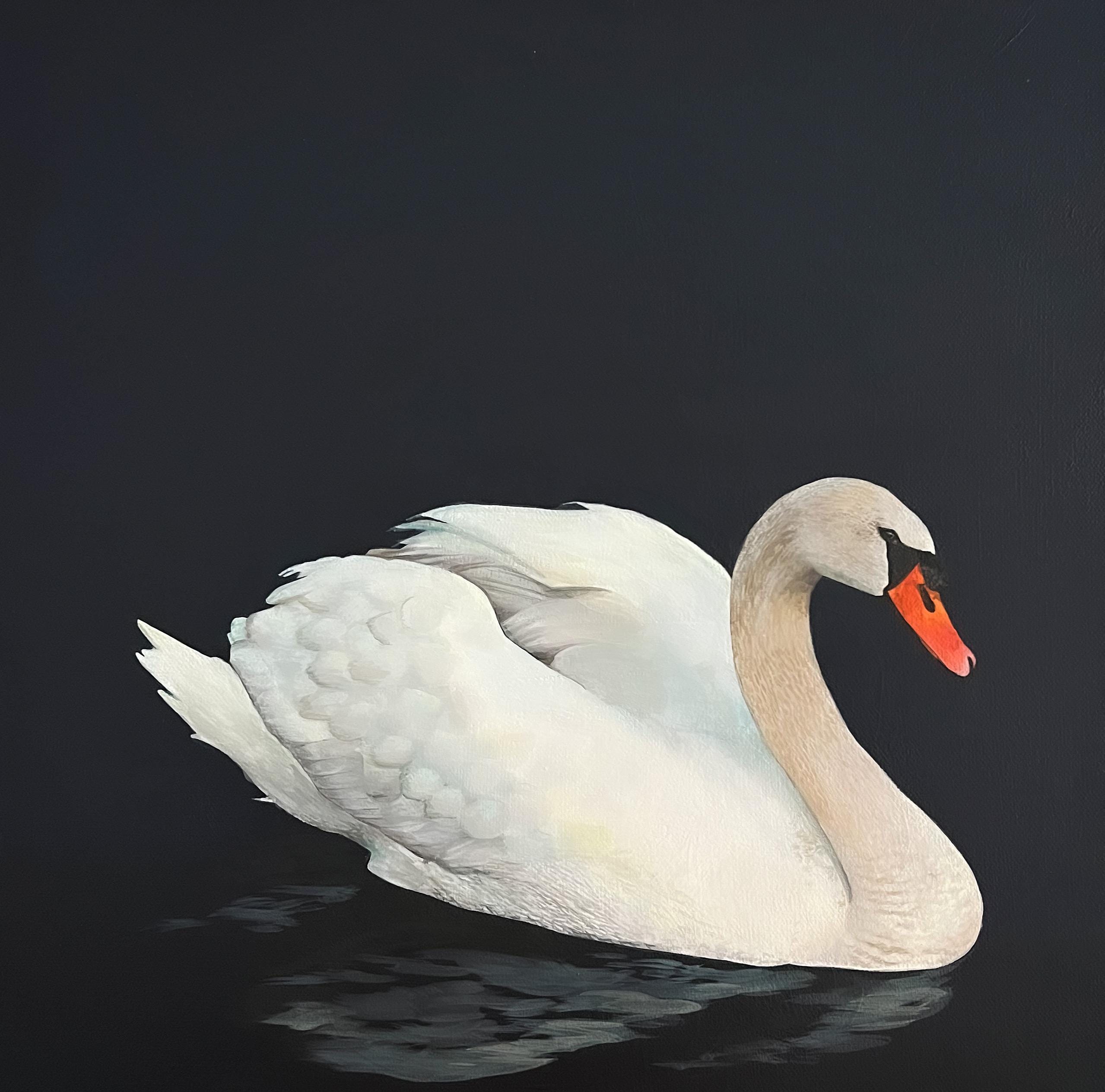 キャンバスに描かれたオリジナルの白鳥の絵画：ネイビーとホワイトの