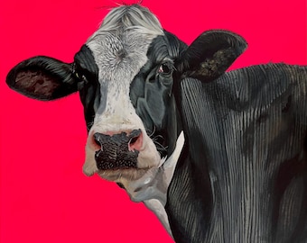 Pintura de vaca sobre lienzo cuadrado rosa - Arte contemporáneo de animales de granja