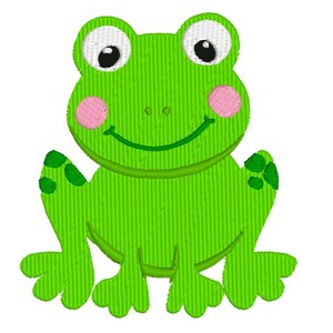 Puede incluir: Diseño bordado de una rana verde sonriente, con mejillas rosas y grandes ojos blancos con pupilas negras. La rana tiene costuras detalladas sobre un fondo blanco.