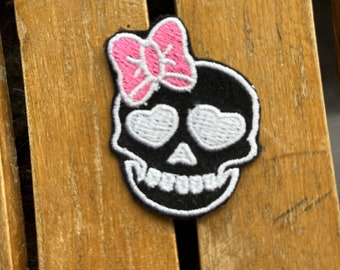 Skull iron on patch for backpack, Skull with bow gothic patch for jacket, skeleton gift, paranormal things, unique gift, punk patch