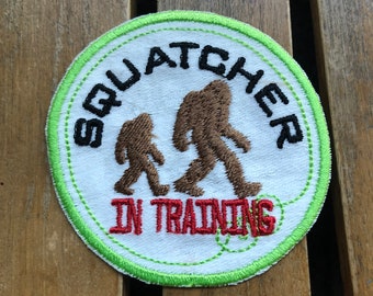 Bigfoot patch for backpack, Squatcher in training, cryptid patch for jacket, Sasquatch gift, cryptozoology patch iron on for hat, backwoods