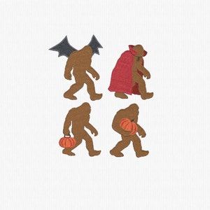 Könnte beinhalten: Vier braune Bigfoot-Figuren in Halloween-Kostümen. Einer hat Fledermausflügel, ein anderer einen roten Umhang, ein dritter trägt eine kürbisförmige Laterne und der letzte hält einen Kürbis. Alle gehen.