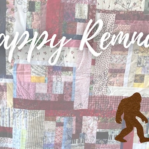 Scrappy Remnants Logo with a patchwork quilt background and Bigfoot and Runner silhouettes.