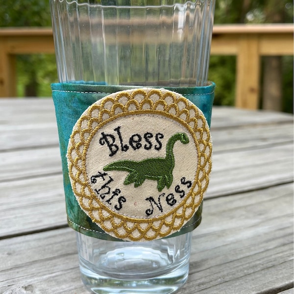 Bless this Ness Coffee Cup Coozie for tapered cup, Loch Ness monster, Paranormal things, embroidered fabric, Paranormal gift, cryptidcore