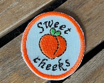 Sweet cheeks iron on patch for flower child, peach machine embroidered patch for gardener, butt emoji patch for tote, peach patch for hat