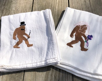 Bride and Groom Towel, Bigfoot kitchen towel set, Tea Towel, bridal shower gift, wedding gift for nature lover, Bigfoot gifts