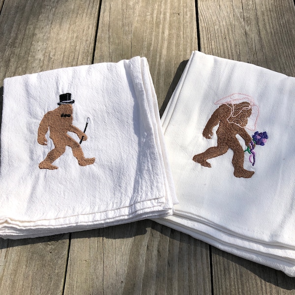 Bride and Groom Towel, Bigfoot kitchen towel set, Tea Towel, bridal shower gift, wedding gift for nature lover, Bigfoot gifts