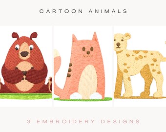 Cartoon Tiere Stickdatei, Stickdatei Katze, Geparden Design, Bärenstickerei, 4 x 4 Design, süßes Tierdesign für Kinder