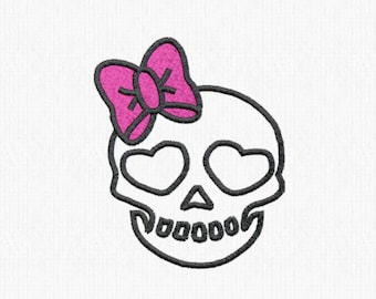 Skull with Bow machine embroidery design for shirt, Baby Skull, Goth design, Skull design for bag, Sugar skull embroidery for hat