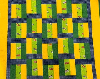 green truck quilt for toddler, blue plane decor, yellow car quilt, throw blanket for toddler bed, green quilt for boy's bedroom