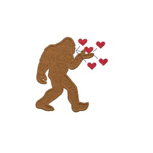 May include: A brown Bigfoot silhouette walking and holding out its hand with red hearts floating around it.