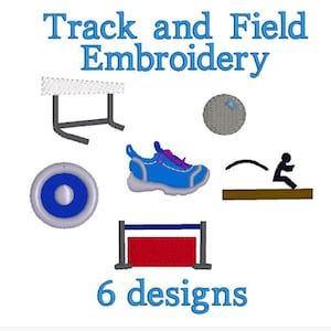May include: Six embroidery designs for track and field sports. The designs include a running shoe, a discus, a high jump bar, a shot put, a hurdle, and a runner.