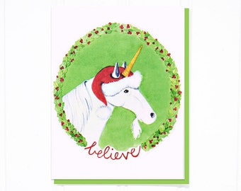 Believe!  Unicorn Santa Christmas Greeting Card