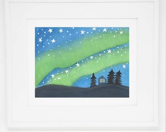 Northern Lights House art print -- 8x10