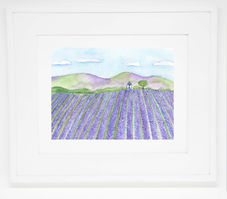 May include: Watercolor painting of a lavender field with a small white house and a tree in the distance. The sky is blue with white clouds.