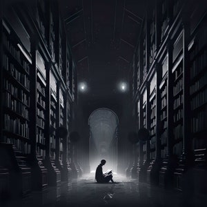 May include: A person sits in a dimly lit library, reading a book. The library has tall bookshelves lining the walls, and the person is sitting in the middle of the aisle. The light from the book illuminates the person's face.