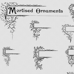 May include: A collection of 12 vintage decorative title ornaments with floral designs. The ornaments are black and white and feature text such as "Mortised Ornaments", "National Holiday", "Vintage of the Year 1796", "Chapter 1", "Catalogue", "Conclusion", "Soiree", "Section", "Betrothal", "Iron-bound Buckets", and "Indenture".