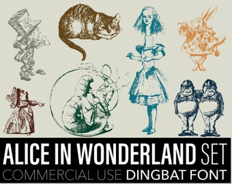 Alice in Wonderland Dingbat Font Icons. Print or Web Design Elements. Commercial Use. F0B1