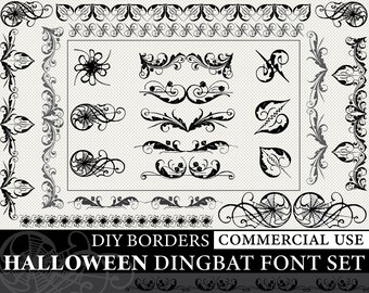 Halloween Vintage Ornaments Dingbat Font Icons. Antique DIY Borders Print or Web Design Elements. Commercial Use. F0B3