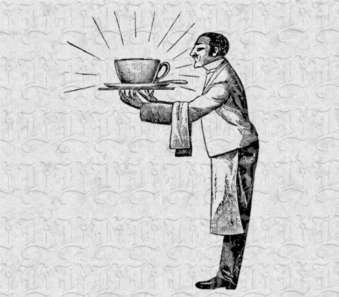 Waiter Holding A Cup of Coffee Vintage Illustrations Printable High