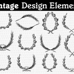 Könnte beinhalten: Ein Satz von 12 Vintage-Designelementen mit Schwarzweißillustrationen von Kränzen und Lorbeerzweigen. Die Kränze bestehen aus Blättern und Zweigen, und einige haben Bänder darum gebunden.