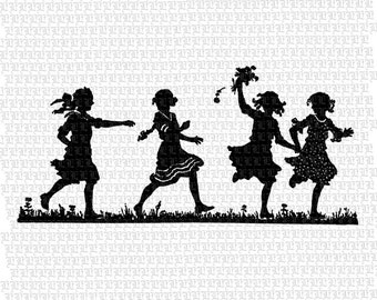 Enfants filles jouant Silhouettes Clip Vintage Art graphique Collage numérique feuille Clipart Illustrations 2300