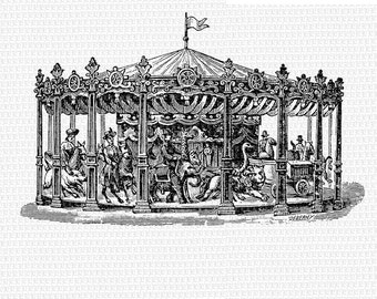 May include: A black and white illustration of a vintage carousel with horses and riders. The carousel has a striped canopy and ornate details.