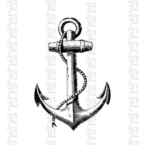 May include: A black and white illustration of a nautical anchor with rope wrapped around the top.