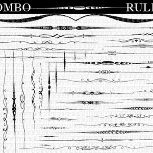 May include: A collection of black and white decorative borders and rules. The image includes a variety of designs, including swirls, dots, lines, and geometric shapes.