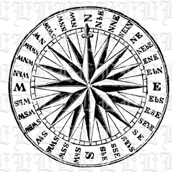 32 points Rose Compass Navy Vintage Clip Art Illustrations Digital Instant Download High Resolution 300 dpi. Img0237