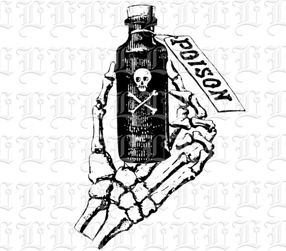 Skeleton Hand Holding Poison Bottle Symbol Vintage Clip Art Printable Illustration0224