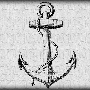 May include: A black and white illustration of an anchor with a rope wrapped around it. The anchor is a nautical symbol of hope and safety.