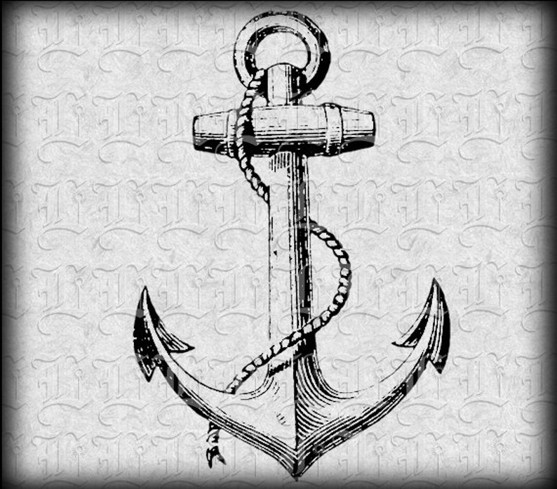 May include: A black and white illustration of an anchor with a rope wrapped around it. The anchor is a nautical symbol of hope and safety.