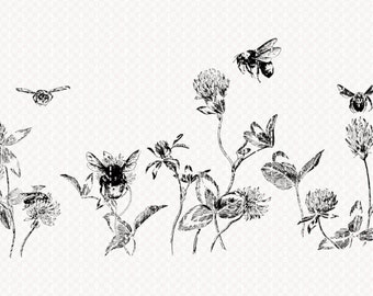 Printable Bees in Flowers Border Illustration High Quality Digital Antique Graphic Instant Download 0213