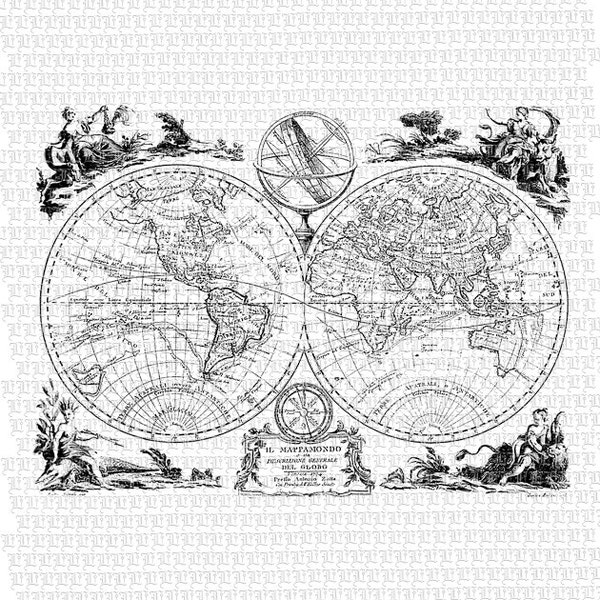 Vintage World Map Printable Graphic Digital Paper High Quality Black and White  2561