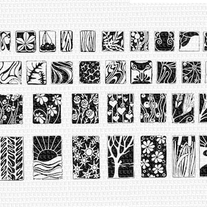 May include: A set of 36 black and white digital stamps featuring various nature-inspired designs. The stamps are arranged in a grid pattern and include images of flowers, leaves, trees, and other natural elements.