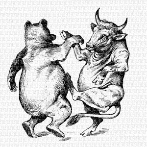 Antieke humoristische surrealistisch illustraties Bull Bear dans grote afdrukbare Vintage Clip Art hoge kwaliteit grafische persoonlijke commercieel gebruik Img2083