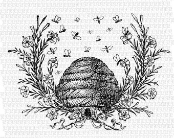 Beehive Floral Wreath Graphic: Vintage Bee Illustration (Digital Download)