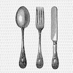 May include: A vintage style silver spoon, fork, and knife with ornate handles.