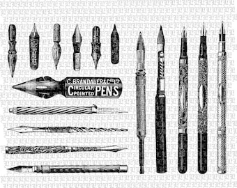 May include: A collection of vintage fountain pens and nibs, including a C. Brandauer & Co. Ltd. circular pointed pen. The pens are black and white and have intricate designs.