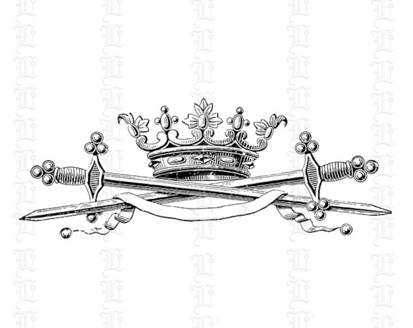 Royal Crown Crossed Swords Digital Graphic Download Printable Image