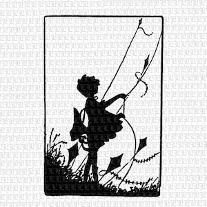 Mädchen fliegen Drachen Vintage Silhouette Clipart (Digital Collage Sheet)