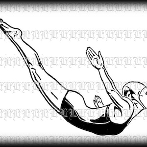 May include: A black and white illustration of a person diving into water. The person is wearing a swimsuit and has their arms outstretched.