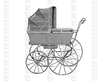 May include: A vintage black and white illustration of a baby carriage with a wicker basket and four wheels.