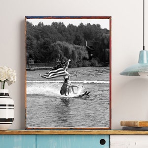 Lake house wall art, Vintage water skiing photo, Black and white custom print, Retro coastal art image 4