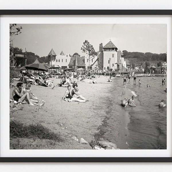 Vintage summer art, Rare 1930's beach scene photo, Retro beach house decor, Black and white custom print, Lake home wall art, Select size
