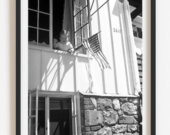 Vintage Americana Photo: 1950s Boy with Flag, Black and White Reprint