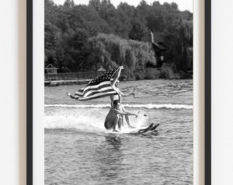 Lake art, Vintage water skiing photo, Black and white custom print, Select size, Retro coastal art, 1940&#39;s Americana photography