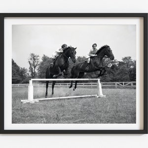 Equestrian art, Vintage rustic decor, 1950's horse jumping photo, Country and farmhouse wall art, Black and white reproduction, Select size